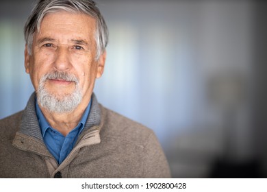 Portrait Of Happy Senior Man Smiling At Home. Close Up Face Of Elderly Guy Enjoying Retirement.