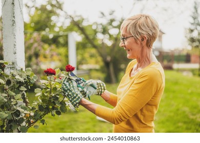 Portrait of happy senior woman gardening. She is pruning flowers. - Powered by Shutterstock