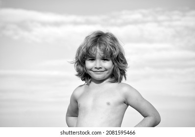 Portrait Of Happy Shirtless Kid Smiling Summer Outdoors Sky Background, Boy