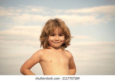 Portrait Of Happy Shirtless Kid Smiling Summer Outdoors Sky Background, Boy