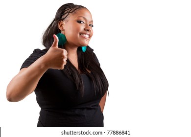Portrait of happy smiling black woman making thumbs up, isolated on white background