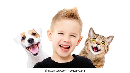 Portrait Of Happy Smiling Boy With A Dog Jack Russell Terrier And A Cat Scottish Straight, Closeup, Isolated On White Background