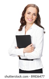 Portrait Of Happy Smiling Business Woman With Black Folder, Isolated On White Background