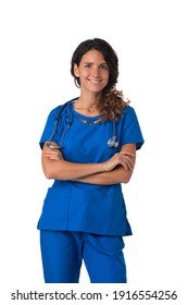 Portrait Of Happy Smiling Female Nurse In Blue Uniform With Stethoscope Isolated On White Background