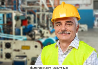 Portrait Of Happy Smiling Industrial Worer With Safety Helmet, Concept Of Safety Measures, Skilled Labour And Workforce.