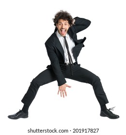 Portrait Of Happy Smiling Man In Suit Jumping Isolated On White Background