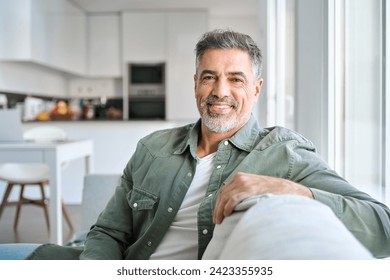 Portrait of happy smiling middle aged mature senior 50 years old bearded man wearing green shirt sitting on couch at home interior looking at camera relaxing on sofa in modern house. - Powered by Shutterstock