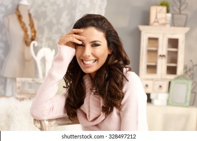 Portrait Of Happy Smiling Shy Woman At Vintage Home, Looking At Camera.