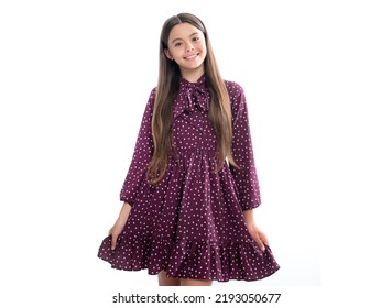 Portrait Of Happy Smiling Teenage Child Girl. 12, 13, 14 Year Old Girl With Dress On White Isolated Studio Background. Elegant Teenager Child Girl In Fashion Summer Dress.