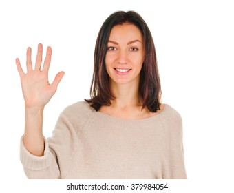 Portrait Of Happy Smiling Woman Showing Five Fingers