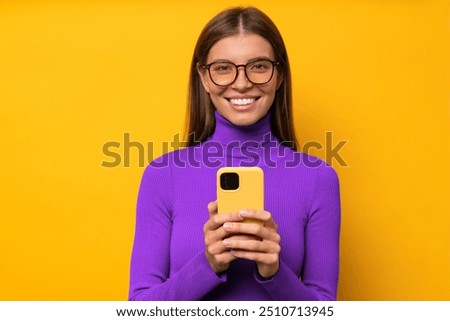 Image, Stock Photo Woman with smartphone and suitcase on sunny urban bridge