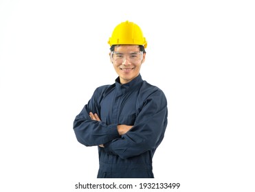 Portrait Of Happy Smiling Young Asian Engineer Worker Man Wearing Safety Outfit Uniform Isolated On White Background