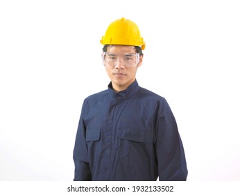 Portrait Of Happy Smiling Young Asian Engineer Worker Man Wearing Safety Outfit Uniform Isolated On White Background