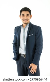 Portrait Of Happy Smiling Young Asian Businessman In Smart Casual Attire On Isolated White Background. Studio Shot, Business And Success Concept