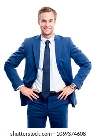 Portrait Of Happy Smiling Young Businessman In Blue Confident Suit, Isolated On White Background. Success In Business Concept Studio Shot.