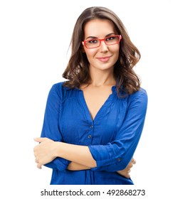 Portrait of happy smiling young cheerful businesswoman in glasses, isolated over white background. Caucasian brunette model in business concept studio shoot. Square composition.
