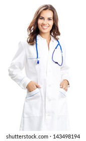 Portrait Of Happy Smiling Young Female Doctor, Isolated Over White Background