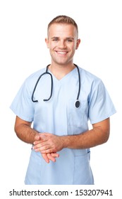 Portrait Of Happy Smiling Young Male Nurse In Uniform Isolated On White Background