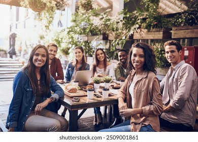 Portrait, happy team and creative business people at cafe for meeting, project planning and remote work. Smile, group and workers at restaurant for eating lunch, cooperation or diversity of writers - Powered by Shutterstock