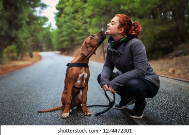 Portrait Of Happy Teenage Girl And Rhodesian Ridgeback Dog . Dog Giving Girl Sweet Kiss Lick. Love Animals Love My Pet