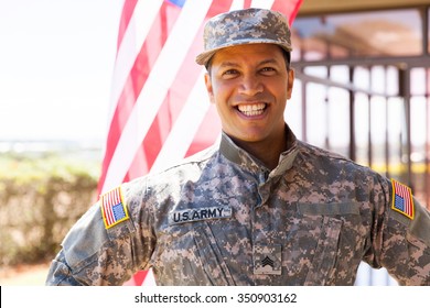 Portrait Of Happy Us Army Soldier Outdoors