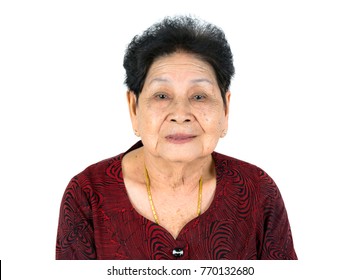 Portrait Of Happy Very Old Smile Black Hair Asian Chinese Thai Woman Grandmother. Isolated On White Background. Wear Red Shirt, Gold Necklace, Diamond Earring.