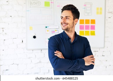 Portrait Of Happy Web Designer, Programmer Standing In Office