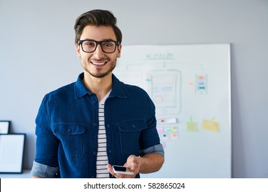 Portrait Of Happy Web Designer, Standing In Office Developing New Responsive Website.