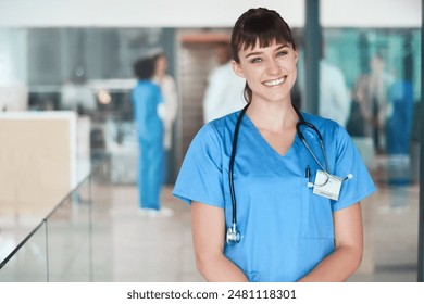 Portrait, happy woman and confident nurse in clinic for healthcare services, career and medicine. Face, medical professional or proud female surgeon with smile at wellness hospital ready for nursing - Powered by Shutterstock