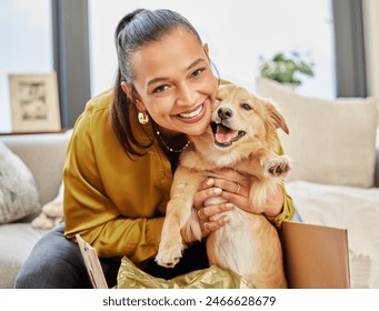 Portrait, happy and woman with dog in home for love, connection and smile in living room. Adoption, animal shelter and rescue pet in apartment with trust, owner and female person with kindness - Powered by Shutterstock