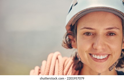 Portrait Of A Happy Woman Hiking With Helmet And Ropes Outdoors Before Climbing Mountain Or Rock. Healthy, Fitness And Extreme Climber Face With A Smile With Motivation And Love For Extreme Sport