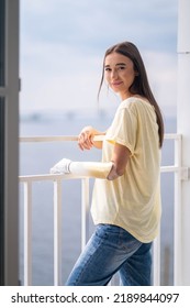 Portrait Happy Woman With Prosthetic Arm Relaxing At Home, Girl With Disability Artificial Prosthetic Limb