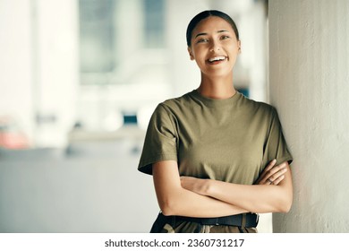 Portrait of happy woman soldier with confidence, pride and mockup outside army building with arms crossed. Professional military career, security and courage, girl in uniform at government agency. - Powered by Shutterstock