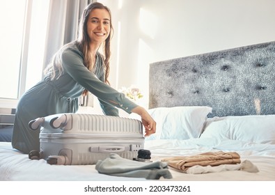 Portrait, Happy Woman Travel With Luggage Or Suitcase In A Luxury Hotel Bed During Vacation With A Smile. Woman Packing Bag And Ready For Holiday Trip In A Bedroom At A Lodge, House Or Villa