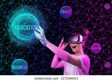 Portrait Of Happy Woman In VR Glasses With Hand Reaches To Spheres Of Interest. Black Background With Neon Abstract Grid. The Concept Of Choice, Cyberspace And Virtual Reality.