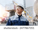 Portrait happy worker of concrete factory, young man in uniform with hard hat on background cement mixer truck.