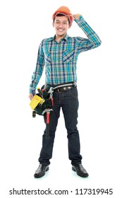 Portrait Of An Happy Worker On White Background