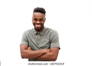 Portrait of happy young african american man smiling against isolated white background