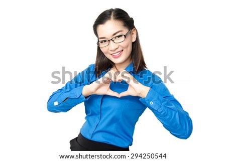 Portrait of happy young Asia business woman smile and blue T-shirt  with heart sign looking at camera front view in white background and copy space