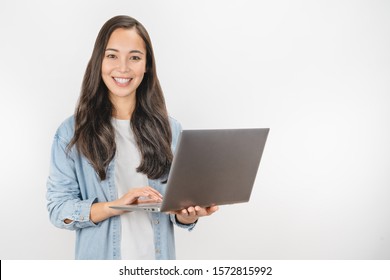 Portrait Of Happy Young Asian Girl Using Laptop Computer Isolated Over White Background