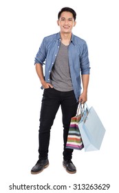 A Portrait Of Happy Young Asian Man Holding Shopping Bags, Full Body 