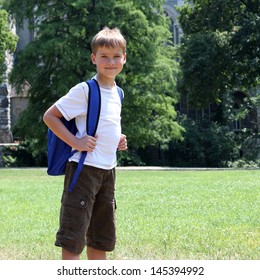 Portrait Happy Young Boy Carrying Backpack Stock Photo 145394992 ...