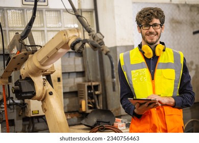 portrait happy young caucasian male worker robot arm machine operator in metal factory - Shutterstock ID 2340756463