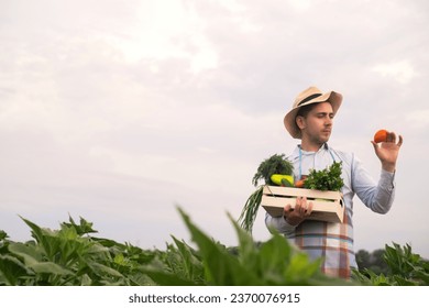 Portrait of a happy young farmer holding fresh vegetables in a basket. On a background of nature The concept of biological, bio products, bio ecology, grown by own hands, vegetarians, salads healthy - Powered by Shutterstock