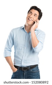 Portrait Of Happy Young Man Talking On Cell Phone Isolated On White Background