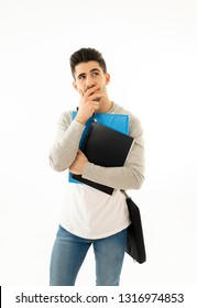 Portrait Of Happy Young Man, Thoughtful Student Thinking In Creative Ways To Success, Creating New Ideas, Exams, Learning New Languages Or Studying Masters. Isolated On White Background.