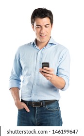 Portrait Of Happy Young Man Using Cell Phone Isolated On White Background