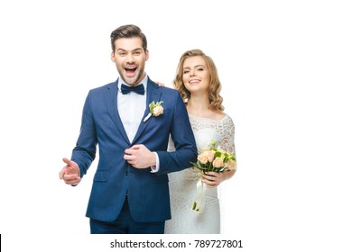 Portrait Of Happy Young Wedding Couple Isolated On White