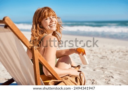 Similar – Image, Stock Photo Young woman relaxed on vacation, standing on the beach near mountains, in sunset light, smiling. Real people. Authentic image of real people.