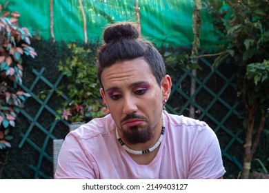 Portrait Headshot Of Make Up Sad Gay Man With Beard. Emotions, LGBT Discrimination, Homophobia Concept